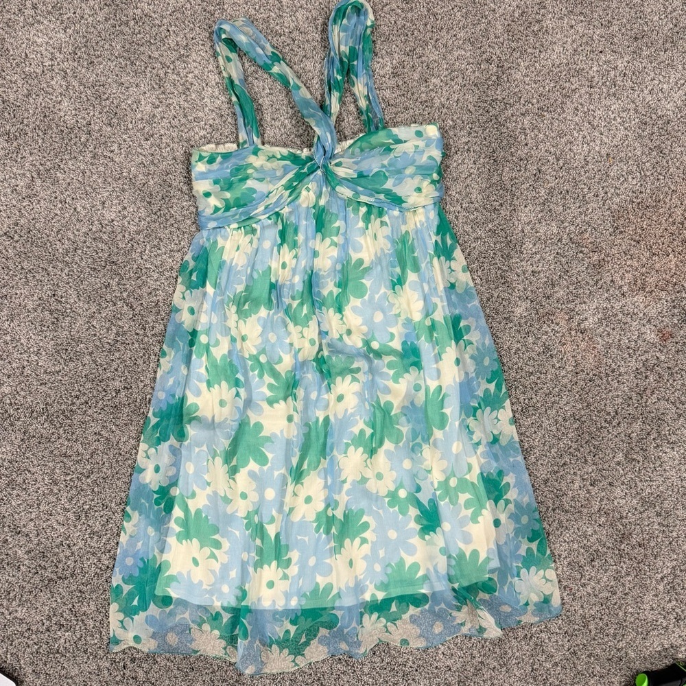 Vtg Studio M 100% Silk Blue Green Floral Halter Top Babydoll Dress Y2K Women’s M
